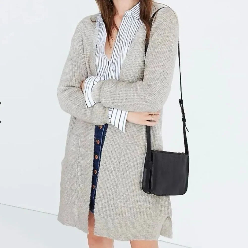 MADEWELL | Heather Gray Waffle Sweater Cardigan Long Line Pockets |‎ Large